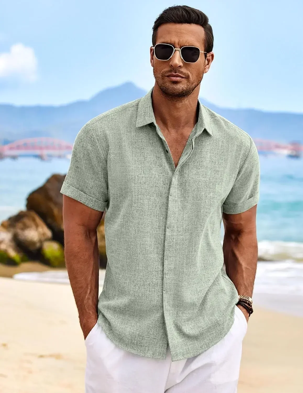 Men's Fashion Casual Solid Color Shirt Pullover Button Linen Cotton Comfortable Daily Top Short Sleeve Shirt Beach Summer Shirt thumbnail 2
