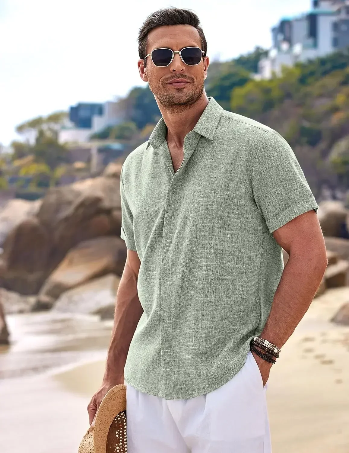 Men's Fashion Casual Solid Color Shirt Pullover Button Linen Cotton Comfortable Daily Top Short Sleeve Shirt Beach Summer Shirt thumbnail 3