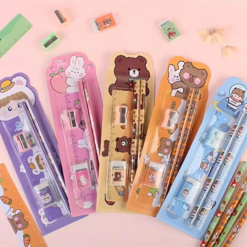 1/6pcs Back To School Gift Set Wooden Pencil Eraser Ruler Sharpener Box Learning Stationery Prize for Students thumbnail 2