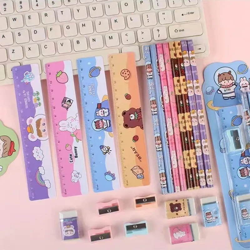 1/6pcs Back To School Gift Set Wooden Pencil Eraser Ruler Sharpener Box Learning Stationery Prize for Students thumbnail 5