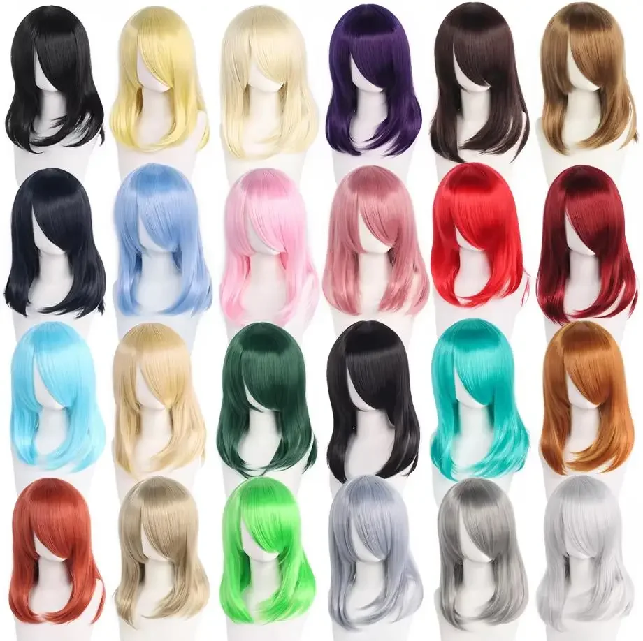 QQXCAIW High Quality 40cm Medium Cosplay Wig With Bang Black Blond Pink Red Blue Purple Heat Resistant Synthetic Hair Wigs thumbnail 2