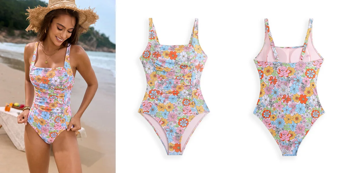 Women Swimsuit One Piece Bathing Suit Square Neck Cutout Back Tummy Control with Adjustable Spaghetti Straps thumbnail 6