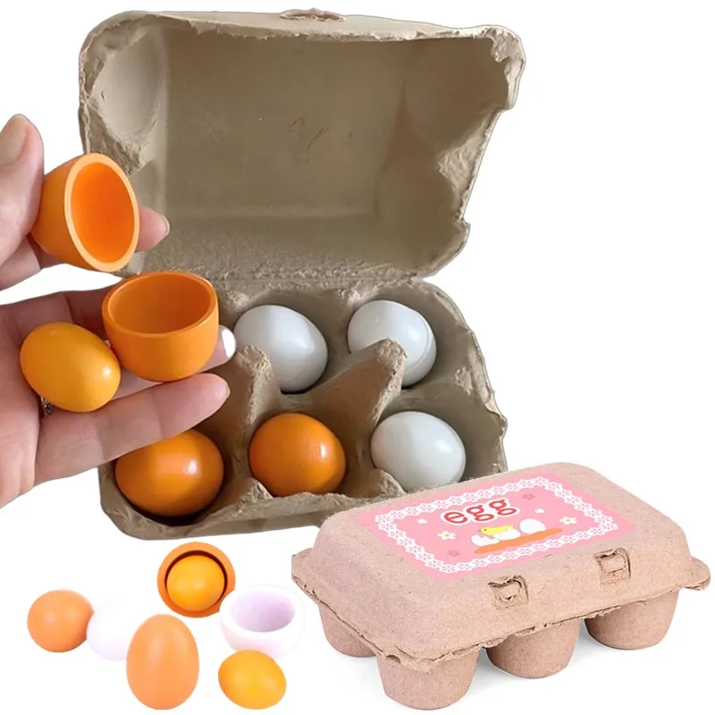 6pcs/Box Kids Wooden Artificial Egg Set Easter DIY Toy Wooden House Game Kitchen Egg Toys Early Education Food Toys for Children
