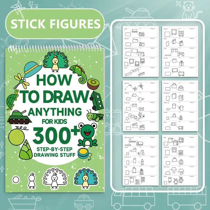 300+ Step-by-Step 1pc Green Stick Figure Drawing Book Art  Learning Painting Supplies with Cartoon Dinosaur & Frog Designs Book thumbnail 6