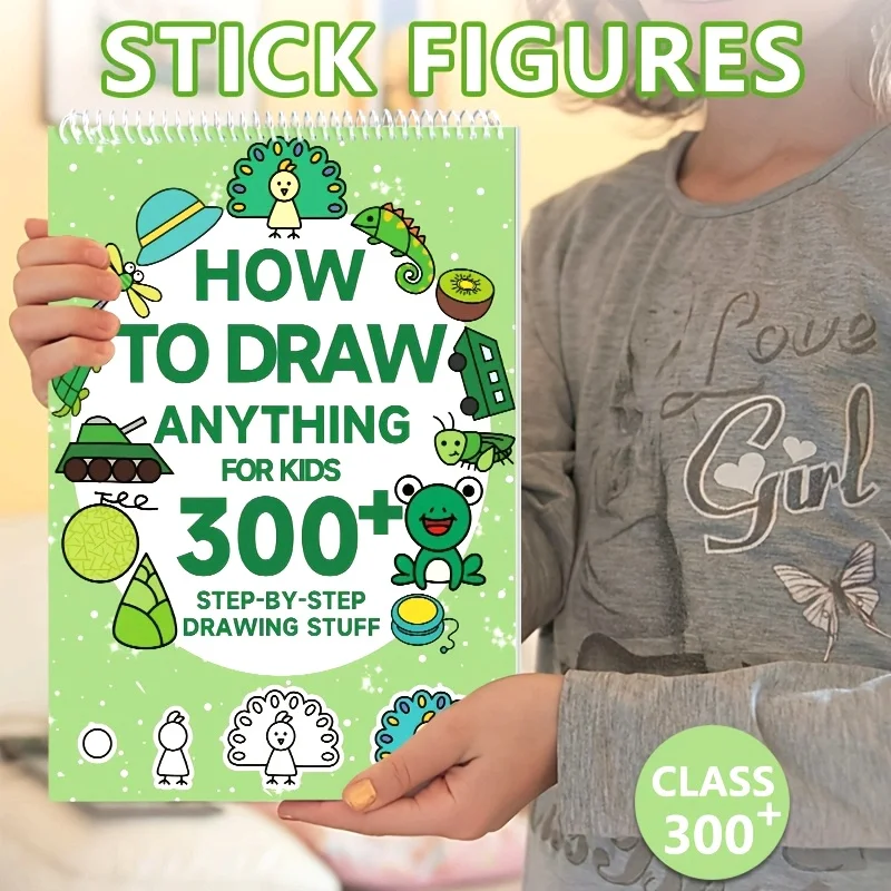 300+ Step-by-Step 1pc Green Stick Figure Drawing Book Art  Learning Painting Supplies with Cartoon Dinosaur & Frog Designs Book thumbnail 2