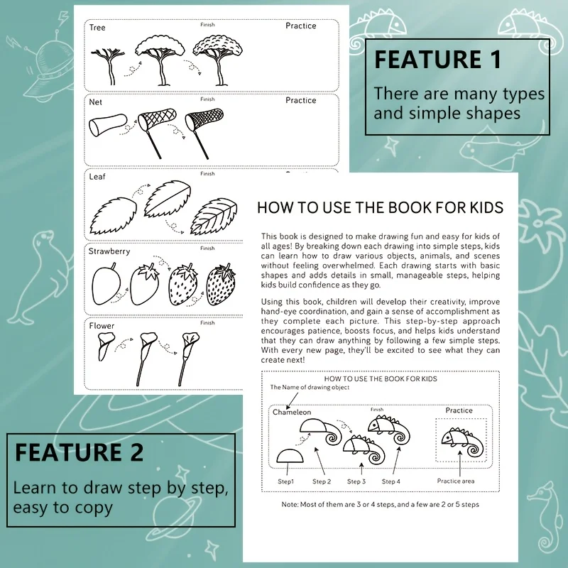 300+ Step-by-Step 1pc Green Stick Figure Drawing Book Art  Learning Painting Supplies with Cartoon Dinosaur & Frog Designs Book thumbnail 5