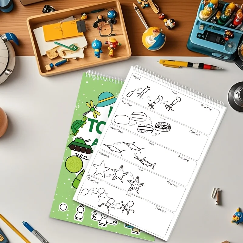 300+ Step-by-Step 1pc Green Stick Figure Drawing Book Art  Learning Painting Supplies with Cartoon Dinosaur & Frog Designs Book thumbnail 4