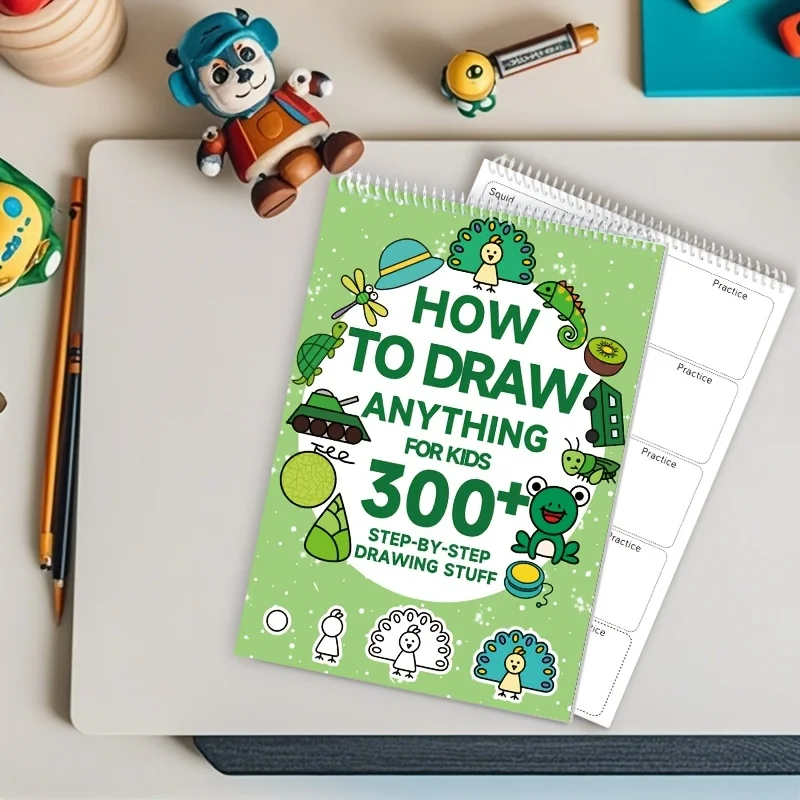 300+ Step-by-Step 1pc Green Stick Figure Drawing Book Art  Learning Painting Supplies with Cartoon Dinosaur & Frog Designs Book thumbnail 3
