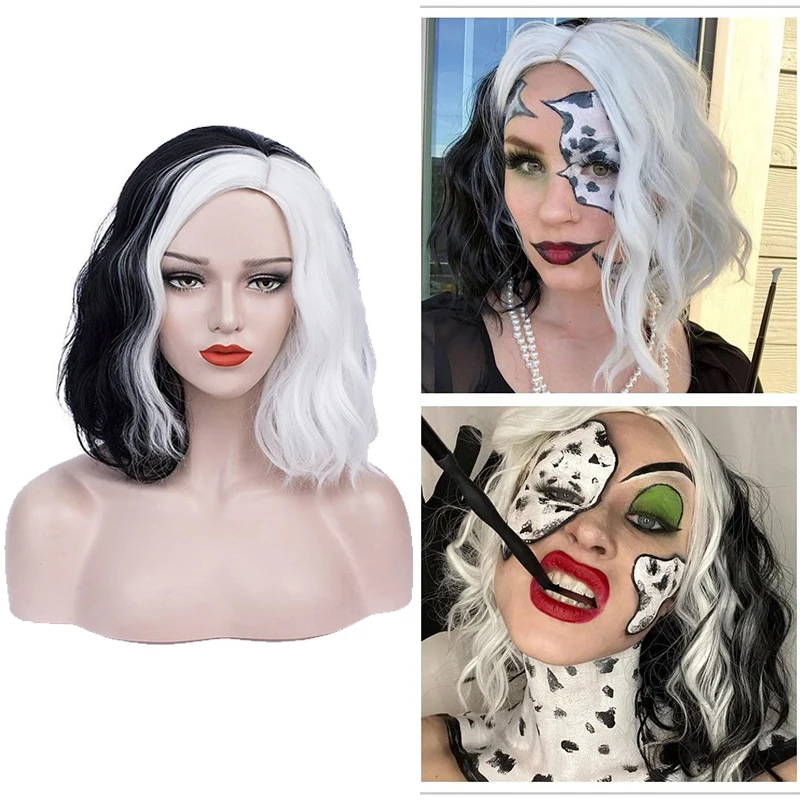 BERON Women's Short Curly Hair Black and White Yin-yang Wig Wavy Wig Halloween Cosplay Wig Headband
