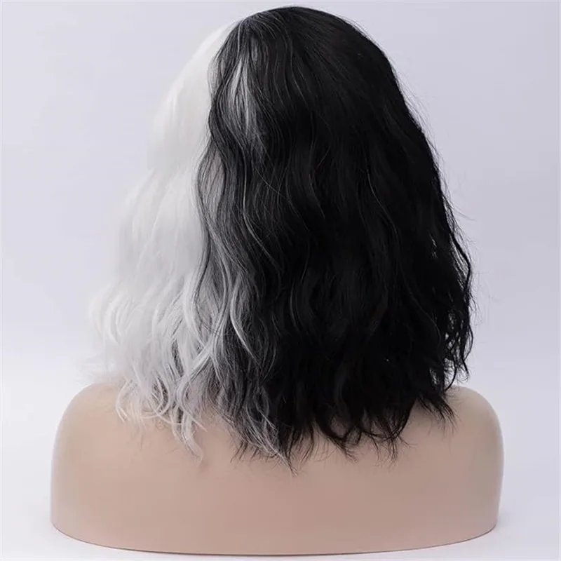 BERON Women's Short Curly Hair Black and White Yin-yang Wig Wavy Wig Halloween Cosplay Wig Headband thumbnail 3