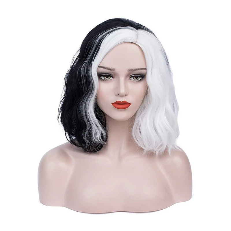 BERON Women's Short Curly Hair Black and White Yin-yang Wig Wavy Wig Halloween Cosplay Wig Headband thumbnail 2