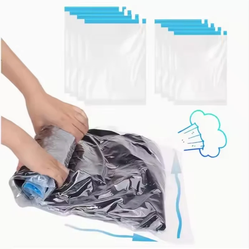 5 Pack Vacuum Compression Bags for Travel-Reusable Space Saving Storage No Pump Needed, Leak-Proof Organizer for Clothes&Luggage