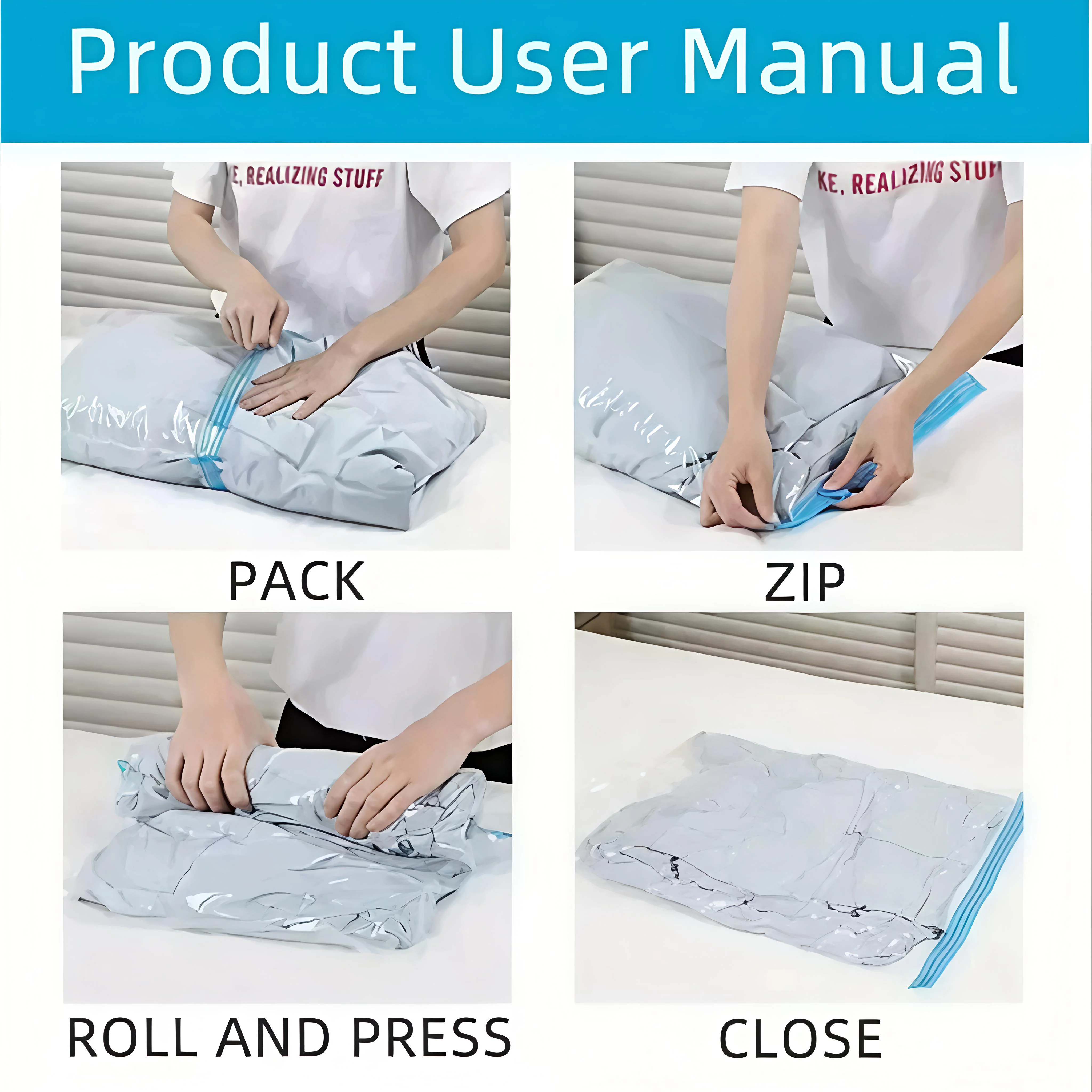 5 Pack Vacuum Compression Bags for Travel-Reusable Space Saving Storage No Pump Needed, Leak-Proof Organizer for Clothes&Luggage thumbnail 4