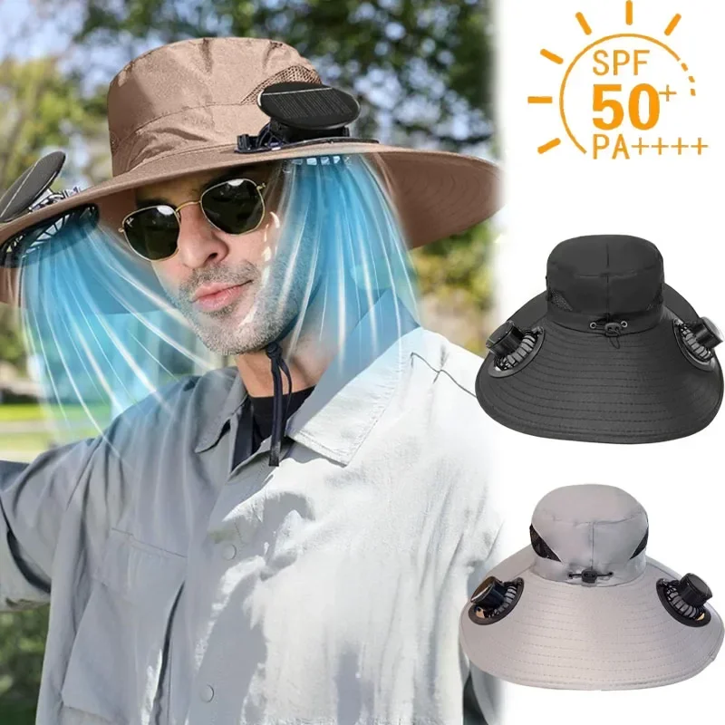 Large Size Quick Dry Bucket Hat with Solar Powered Fan USB Charging Sun Hat for Men Outdoor Hiking Camping Fishing Cooling Wear thumbnail 2
