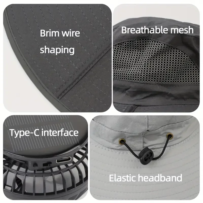 Large Size Quick Dry Bucket Hat with Solar Powered Fan USB Charging Sun Hat for Men Outdoor Hiking Camping Fishing Cooling Wear thumbnail 6