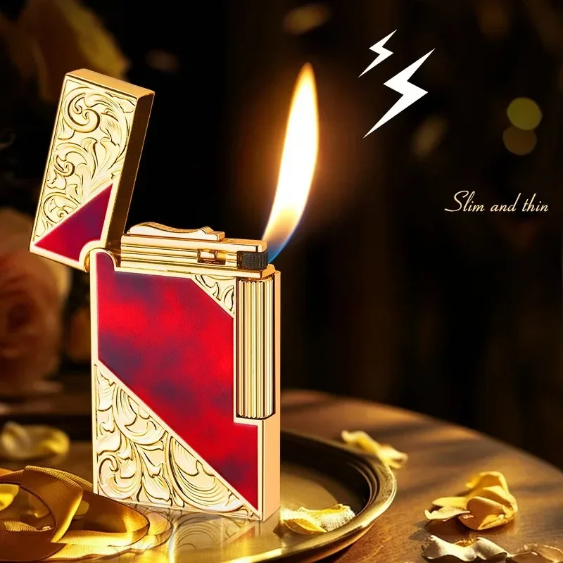 Steel Tone Grinding Wheel Open Flame Gas Lighter Side Slide Oblique Fire Metal Torch Lighter Cigarette Gift Men Gadget Birthday thumbnail 3