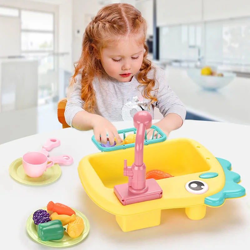 Toddler Sink Toy Play Sink with Running Water Automatic Water Cycle System Kitchen Kid Pretend Role Play Dinosaur Dishwasher Toy thumbnail 2