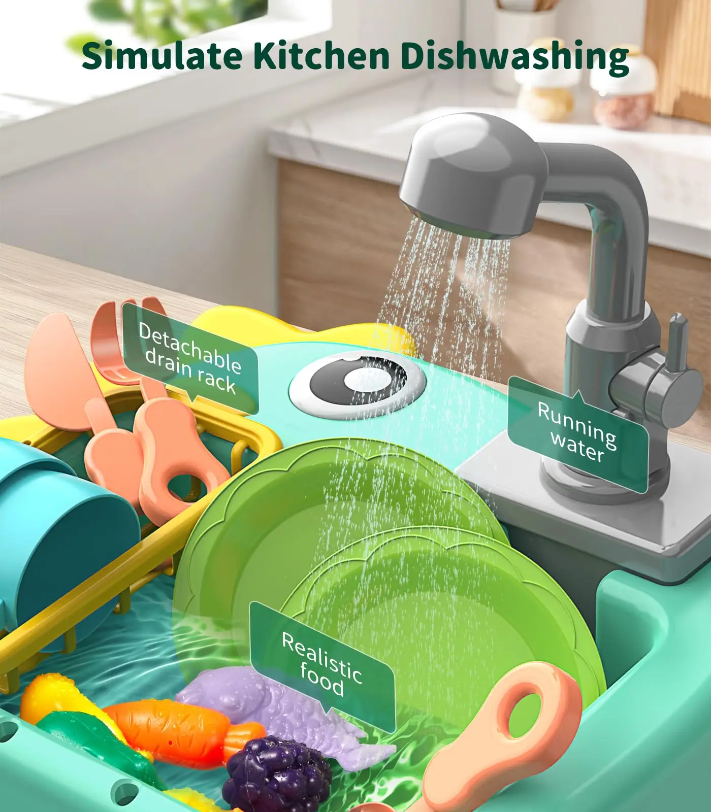 Toddler Sink Toy Play Sink with Running Water Automatic Water Cycle System Kitchen Kid Pretend Role Play Dinosaur Dishwasher Toy thumbnail 3
