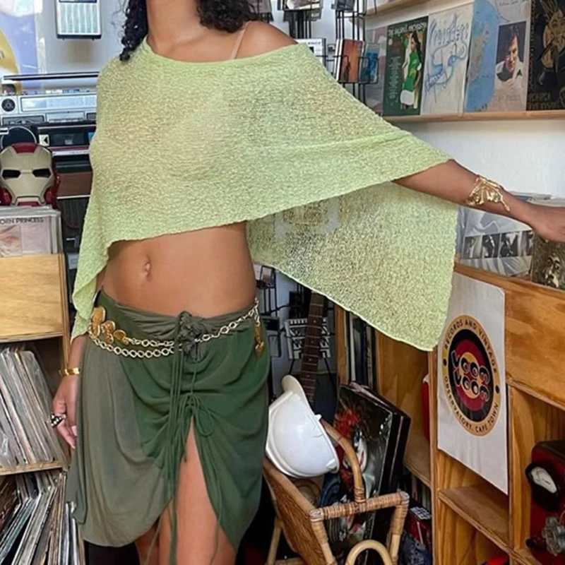 Boho Beach Vacation Cover-ups Irregular Knitted Crop Tops Y2k Aesthetic Vintage Smocked T-shirt Summer Going Out Pullovers Tees thumbnail 3