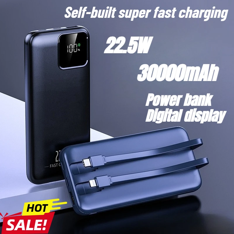 New 22.5W Self-built Ultra-fast Charging 30000mAh Mobile Power Supply Digital Display Built-in 2 Cable External Battery