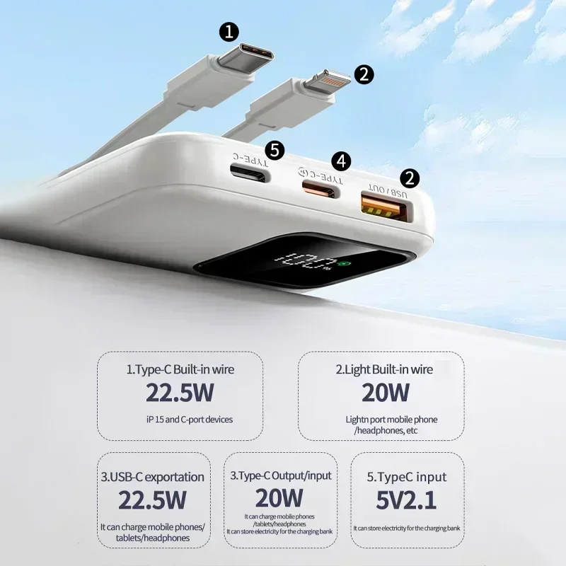 New 22.5W Self-built Ultra-fast Charging 30000mAh Mobile Power Supply Digital Display Built-in 2 Cable External Battery thumbnail 4