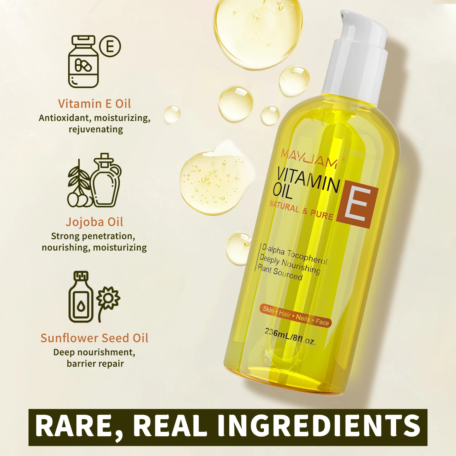MAYJAM Natural & Pure Vitamin E Oil Skincare Moisturizing Brighten Skin Tone 118ml 236ml Face Care Oil thumbnail 3