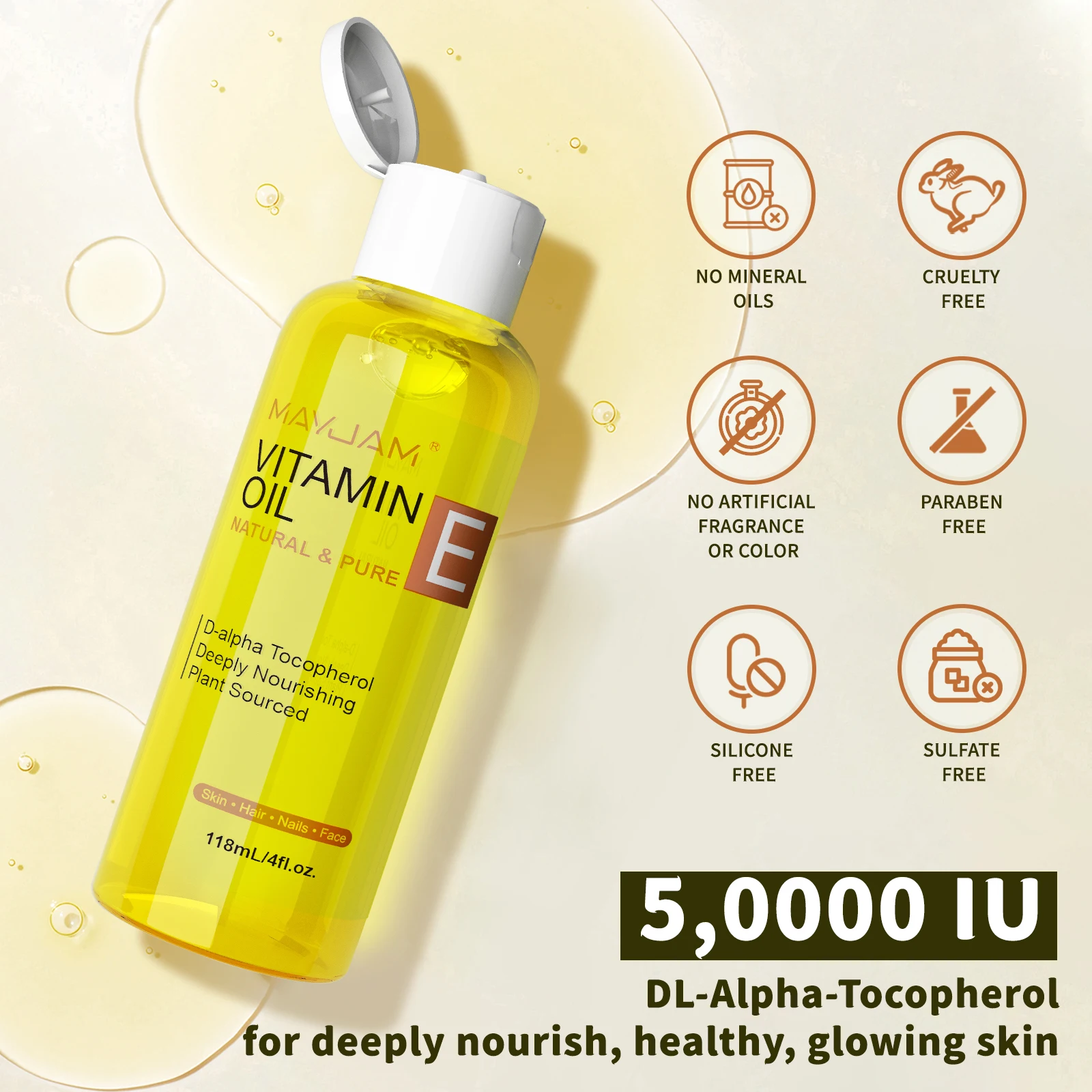 MAYJAM Natural & Pure Vitamin E Oil Skincare Moisturizing Brighten Skin Tone 118ml 236ml Face Care Oil thumbnail 2
