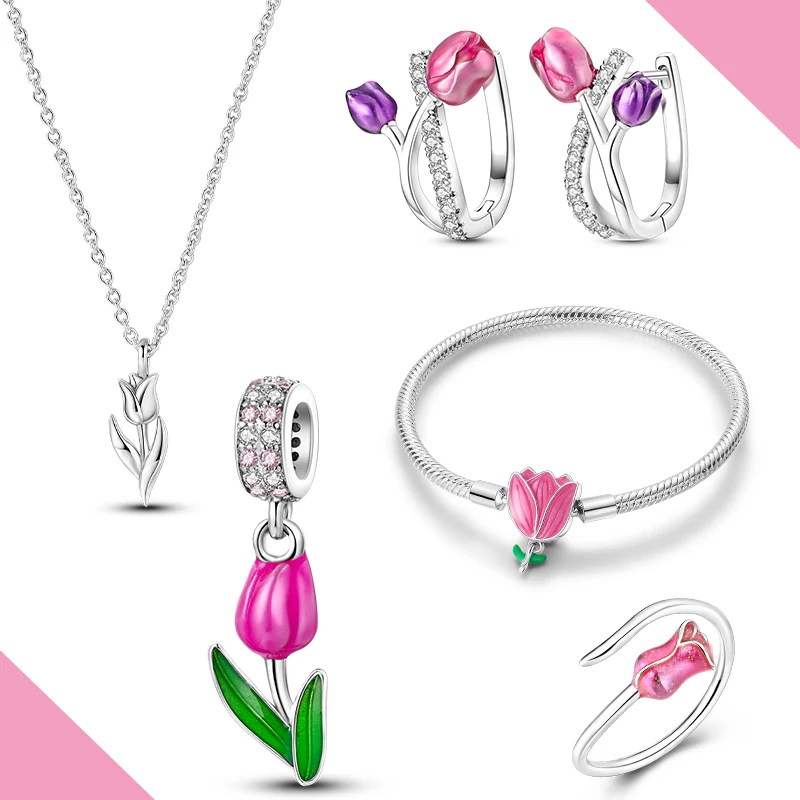 925 Silver Tulip Jewelry Set Original Charm Earring Bracelet Necklace Ring Fit Woman Jewelry Diy