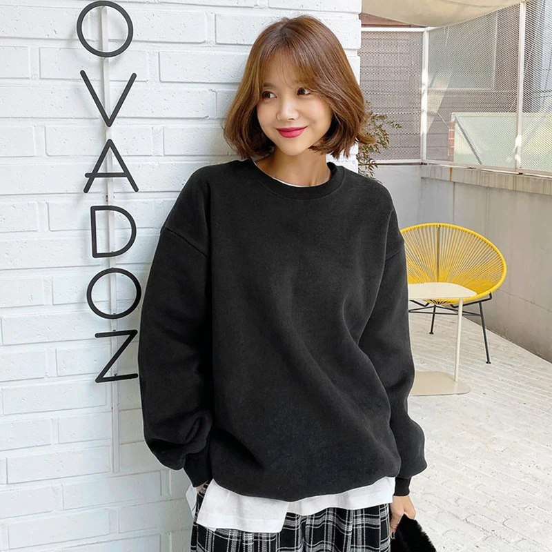 Winter Womens Solid Sweatshirts Casual Comfortable Warm Hoodies Loose Crewneck Fleece Pullover Tops Autumn Womans Streetwear thumbnail 2
