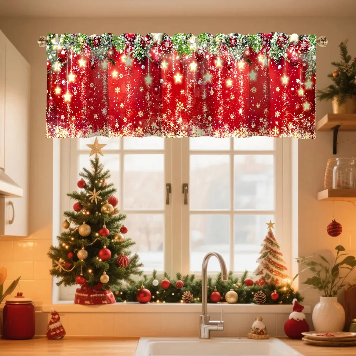 Christmas Curtain Valance Xmas Rod Pocket Window Treatment for Living Room Kitchen Bedroom Christmas Decorations For Home 2025 thumbnail 5