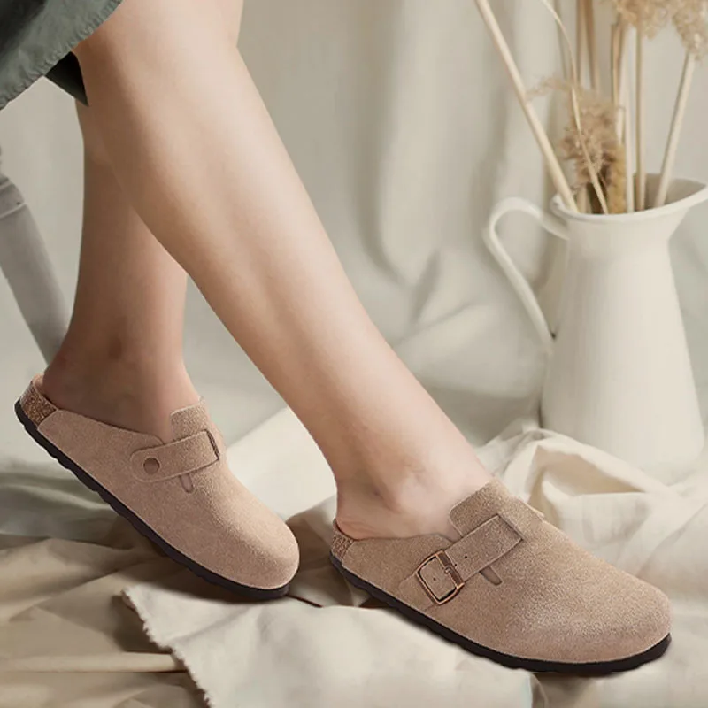 Litfun Suede Cork Clogs For Women Men Genuine Summer Clogs with Arch Support Cork Leather House Mules Shoes Thick Beach Sandals
