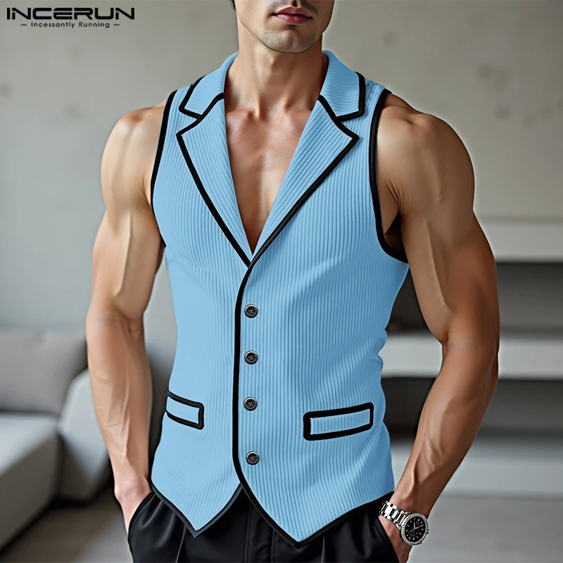 INCERUN Men's Vests 2025 Lapel Sleeveless Patchwork Color-block Casual Male Waistcoats Streetwear Button Fashion Men Clothing thumbnail 2
