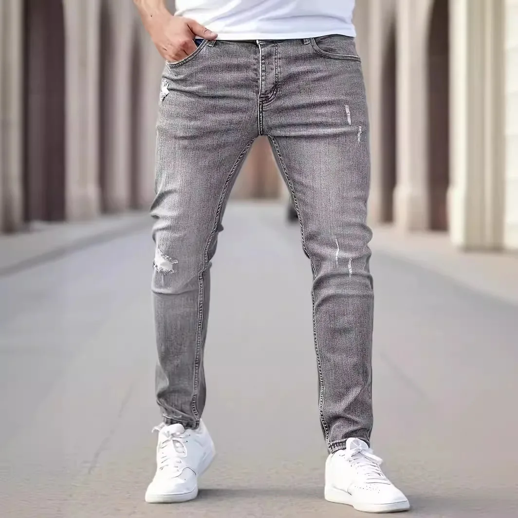 New men's jeans elastic slim fit pants street wear classic ripped cat whiskers casual jeans tight zipper denim clothing black bl thumbnail 4