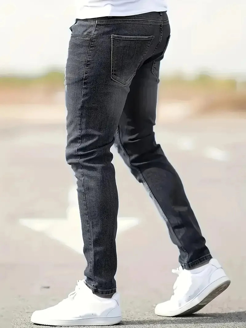 New men's jeans elastic slim fit pants street wear classic ripped cat whiskers casual jeans tight zipper denim clothing black bl thumbnail 6
