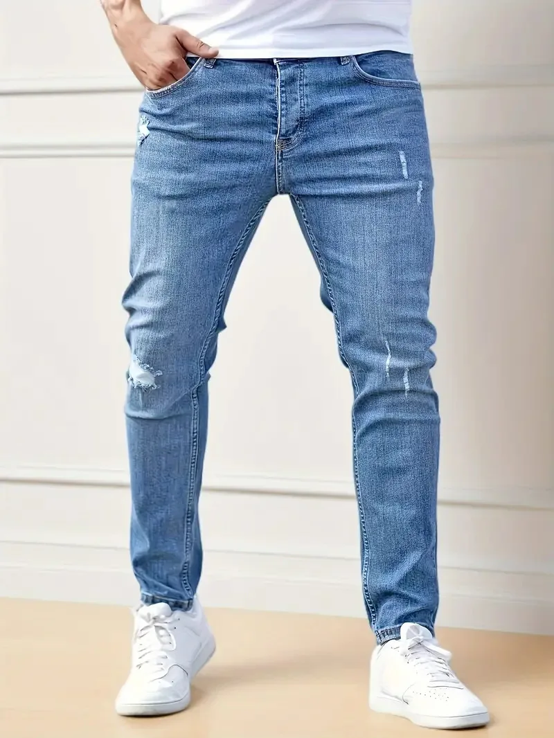 New men's jeans elastic slim fit pants street wear classic ripped cat whiskers casual jeans tight zipper denim clothing black bl thumbnail 2