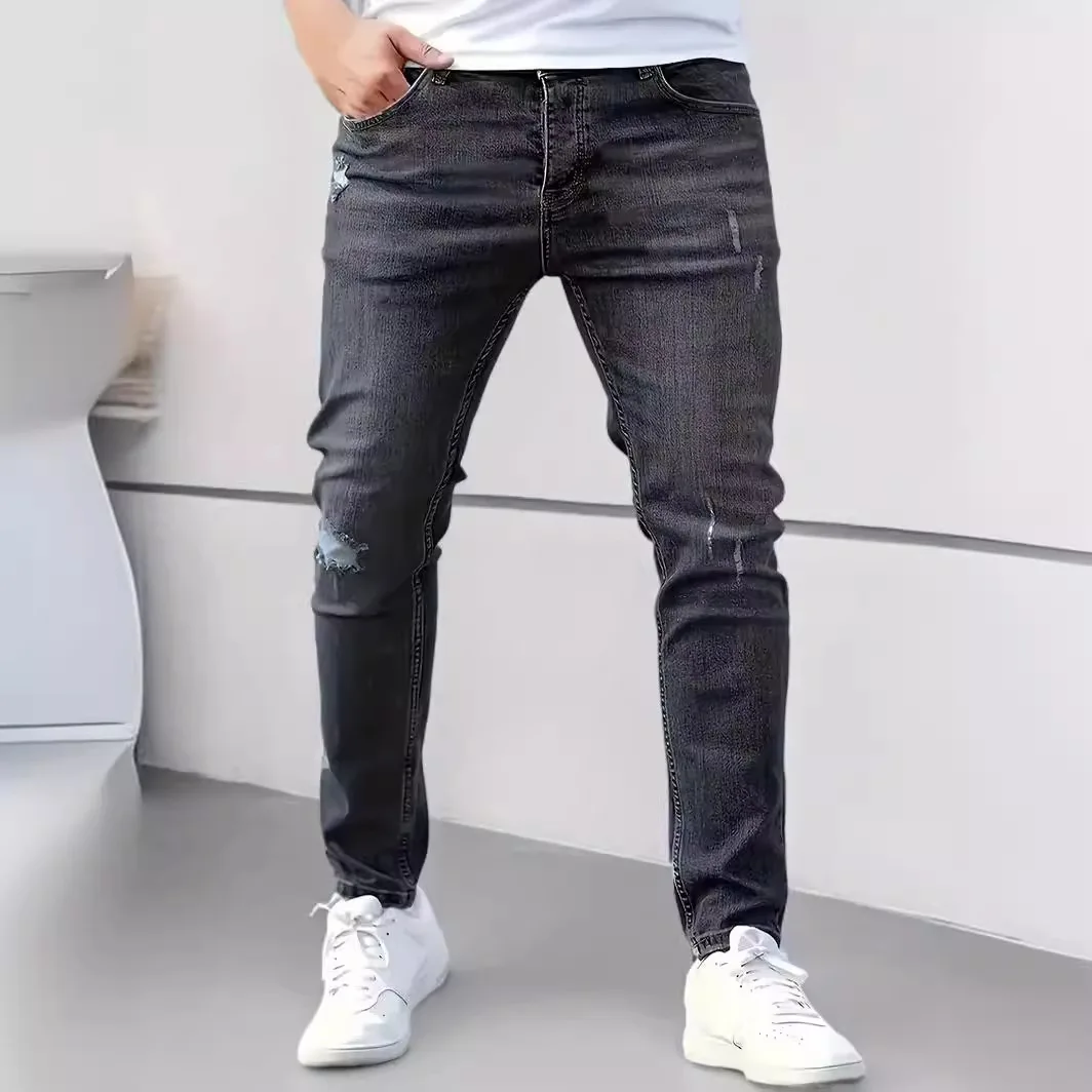 New men's jeans elastic slim fit pants street wear classic ripped cat whiskers casual jeans tight zipper denim clothing black bl thumbnail 3