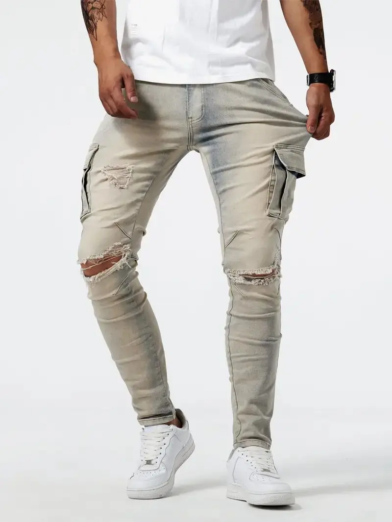 New men's jeans elastic slim fit pants street wear classic ripped cat whiskers casual jeans tight zipper denim clothing black bl thumbnail 5