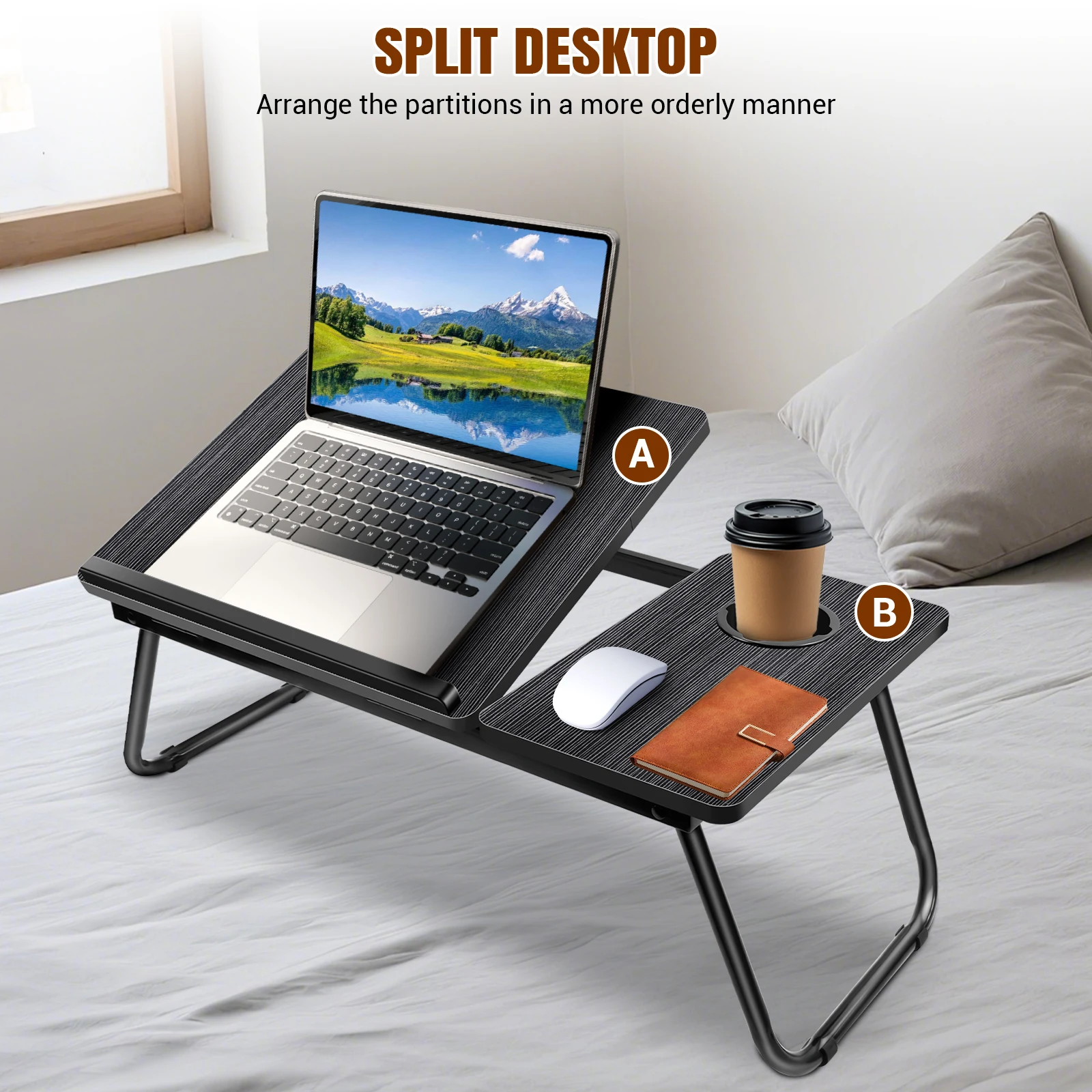 Laptop Desk, Laptop Bed Table with Foldable Legs & Cup Slot, Reading Holder Notebook Stand Breakfast Bed Tray Book Holder thumbnail 2