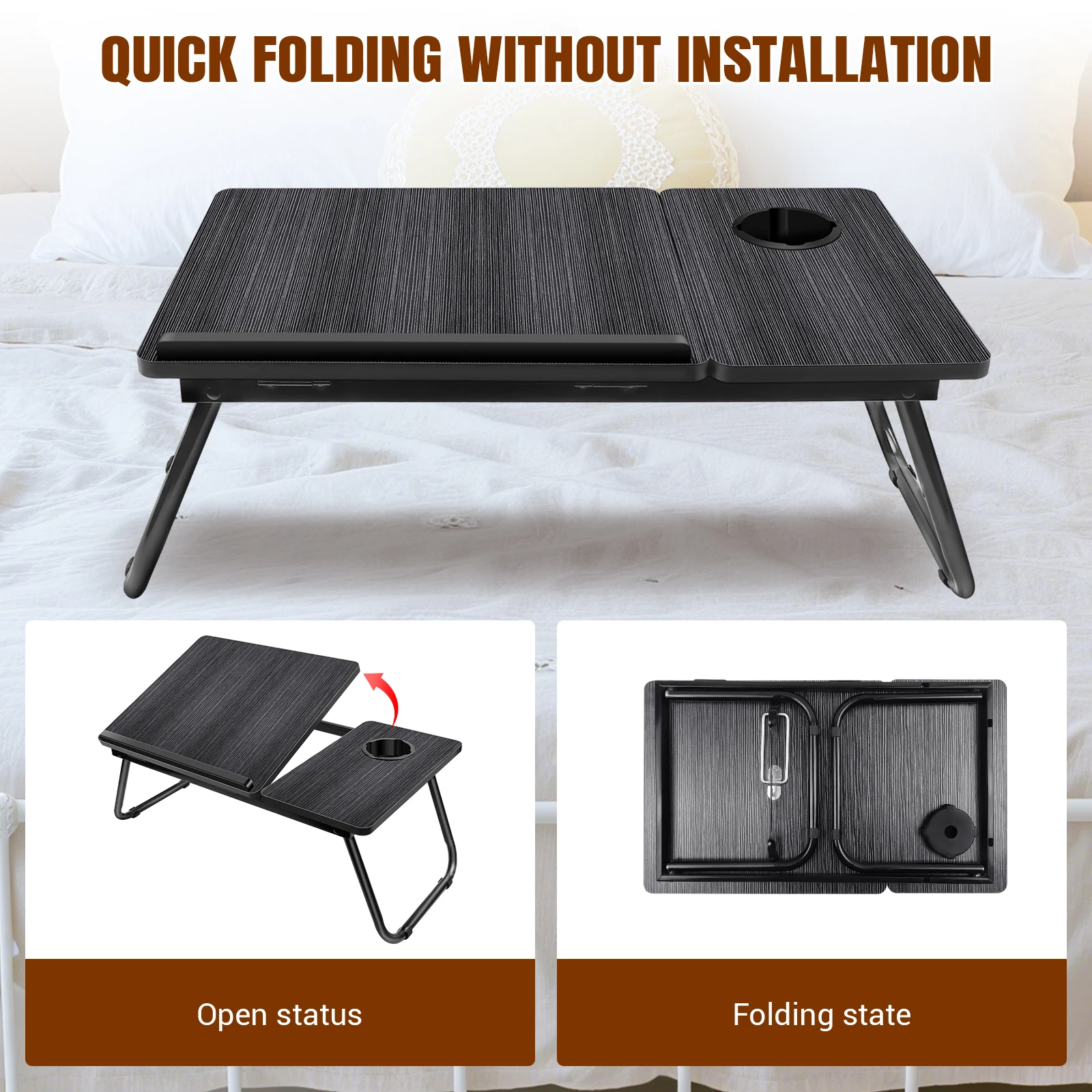 Laptop Desk, Laptop Bed Table with Foldable Legs & Cup Slot, Reading Holder Notebook Stand Breakfast Bed Tray Book Holder thumbnail 6