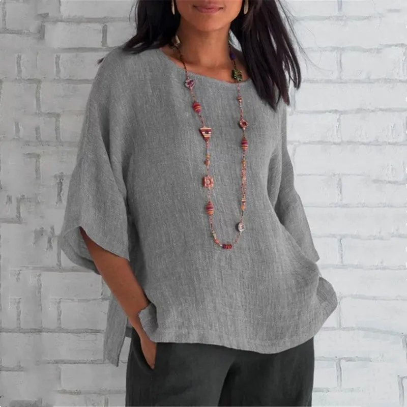 Cotton Blouse Shirts Summer O-Neck Three Quarter Loose Casual Blouse Tops Summer Cothes For Women Streetwear thumbnail 6