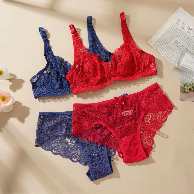 Sexy Lace Bra Suit Non-pad Women Ultra-thin Push-up Panty Set Delicate President for Girlfriend Cup B/C Plus Size 34-40 2PCS Set