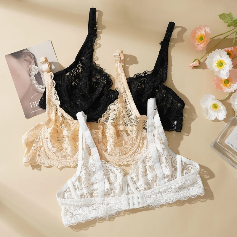 Sexy Lace Bra Suit Non-pad Women Ultra-thin Push-up Panty Set Delicate President for Girlfriend Cup B/C Plus Size 34-40 2PCS Set thumbnail 4