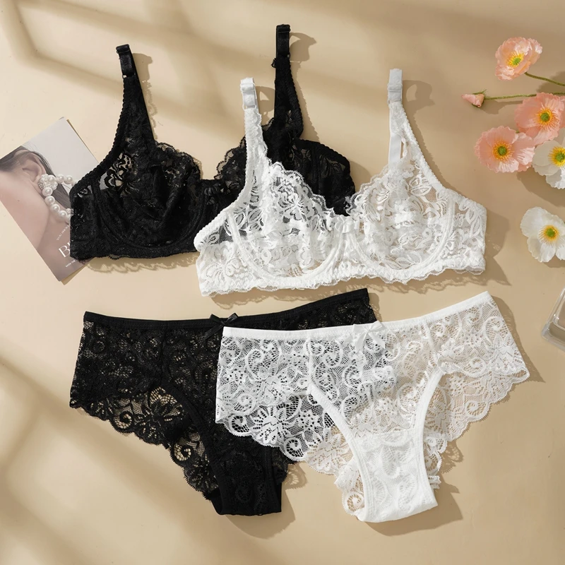 Sexy Lace Bra Suit Non-pad Women Ultra-thin Push-up Panty Set Delicate President for Girlfriend Cup B/C Plus Size 34-40 2PCS Set thumbnail 2