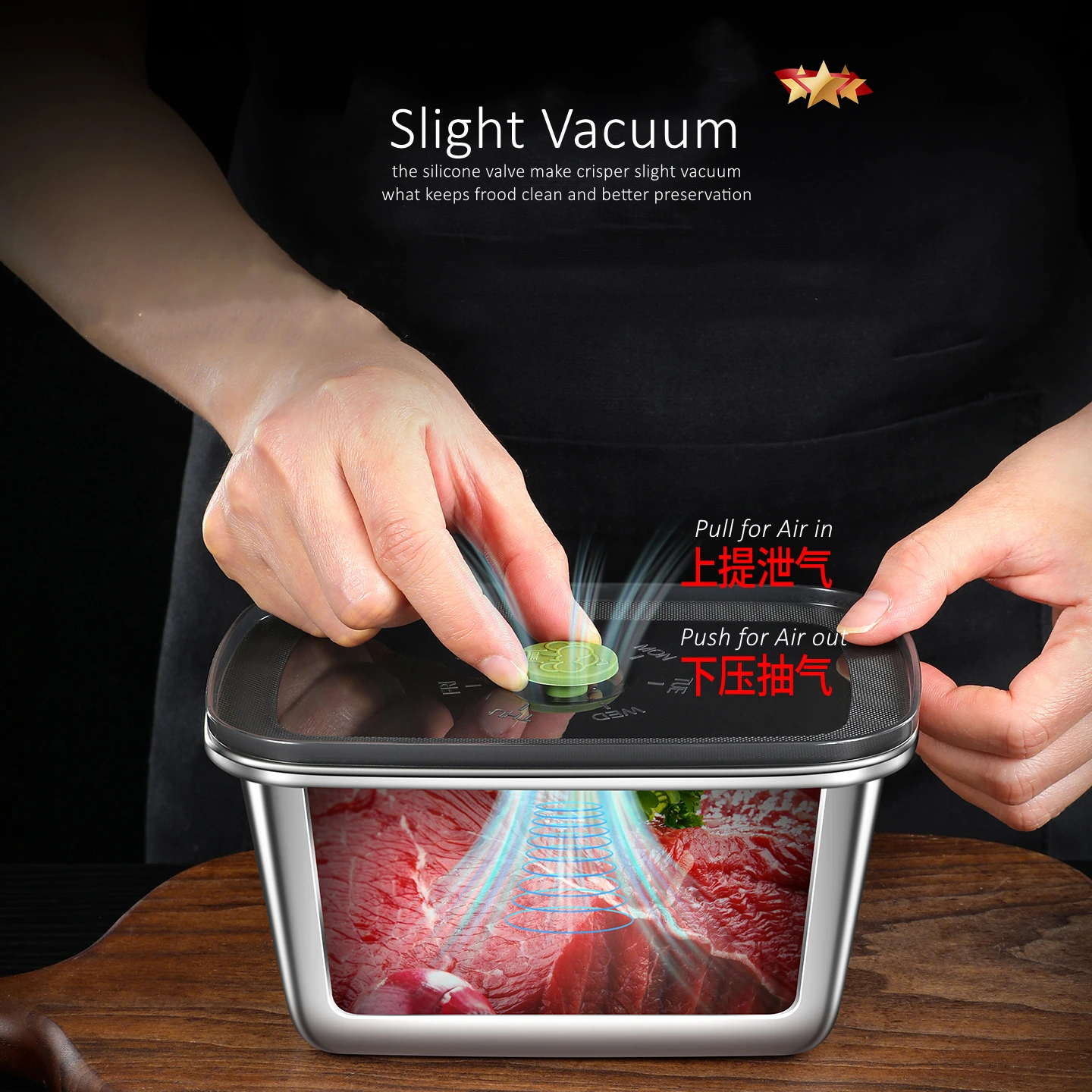 LFGB Certification 304 Stainless Steel Food Preservation Box Slight Vacuum Crisper Well Sealed Seafood Fresh Keeping Container thumbnail 5