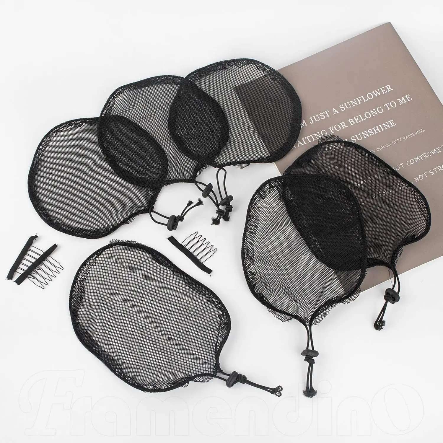 5 Pieces Black Weaving Net Cap Elastic Drawstring Ponytail Hair with 3pcs Mesh Clips for Making Afro Puff Bun Wig Tools Women thumbnail 4