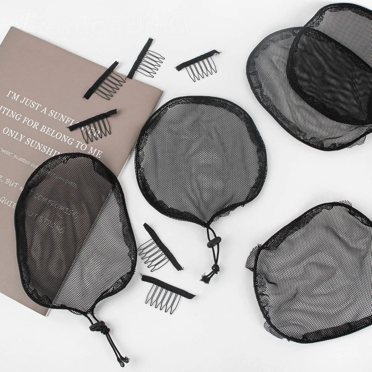 5 Pieces Black Weaving Net Cap Elastic Drawstring Ponytail Hair with 3pcs Mesh Clips for Making Afro Puff Bun Wig Tools Women thumbnail 5