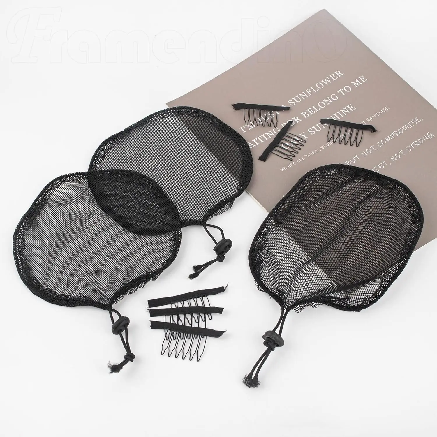 5 Pieces Black Weaving Net Cap Elastic Drawstring Ponytail Hair with 3pcs Mesh Clips for Making Afro Puff Bun Wig Tools Women thumbnail 2
