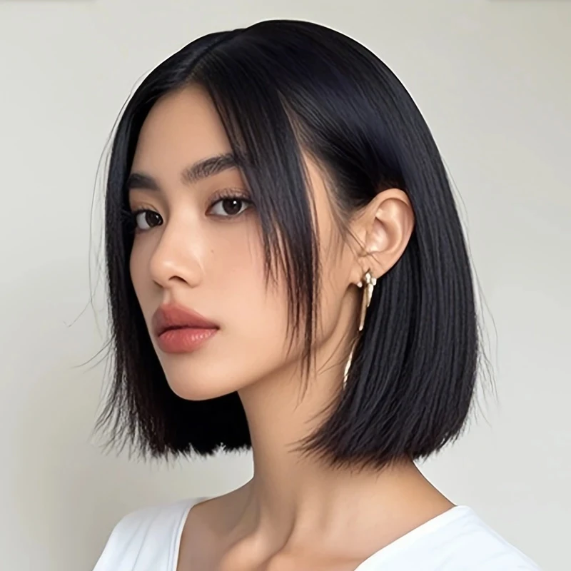 Black lady Bob synthetic wig short straight middle-parted holiday party everyday high-temperature hairpiece thumbnail 4