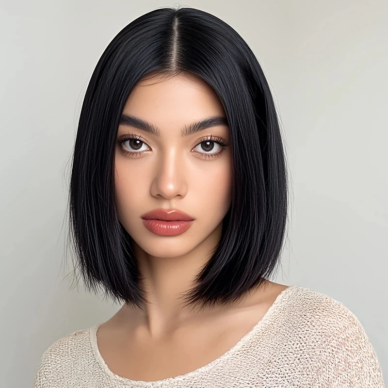 Black lady Bob synthetic wig short straight middle-parted holiday party everyday high-temperature hairpiece thumbnail 3