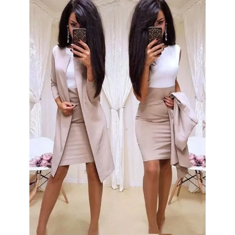 Business Women Dress Suits Solid Color Cardigan High Waist Dresses Sets Stitching Blazer Sets Long Coat Sets thumbnail 3